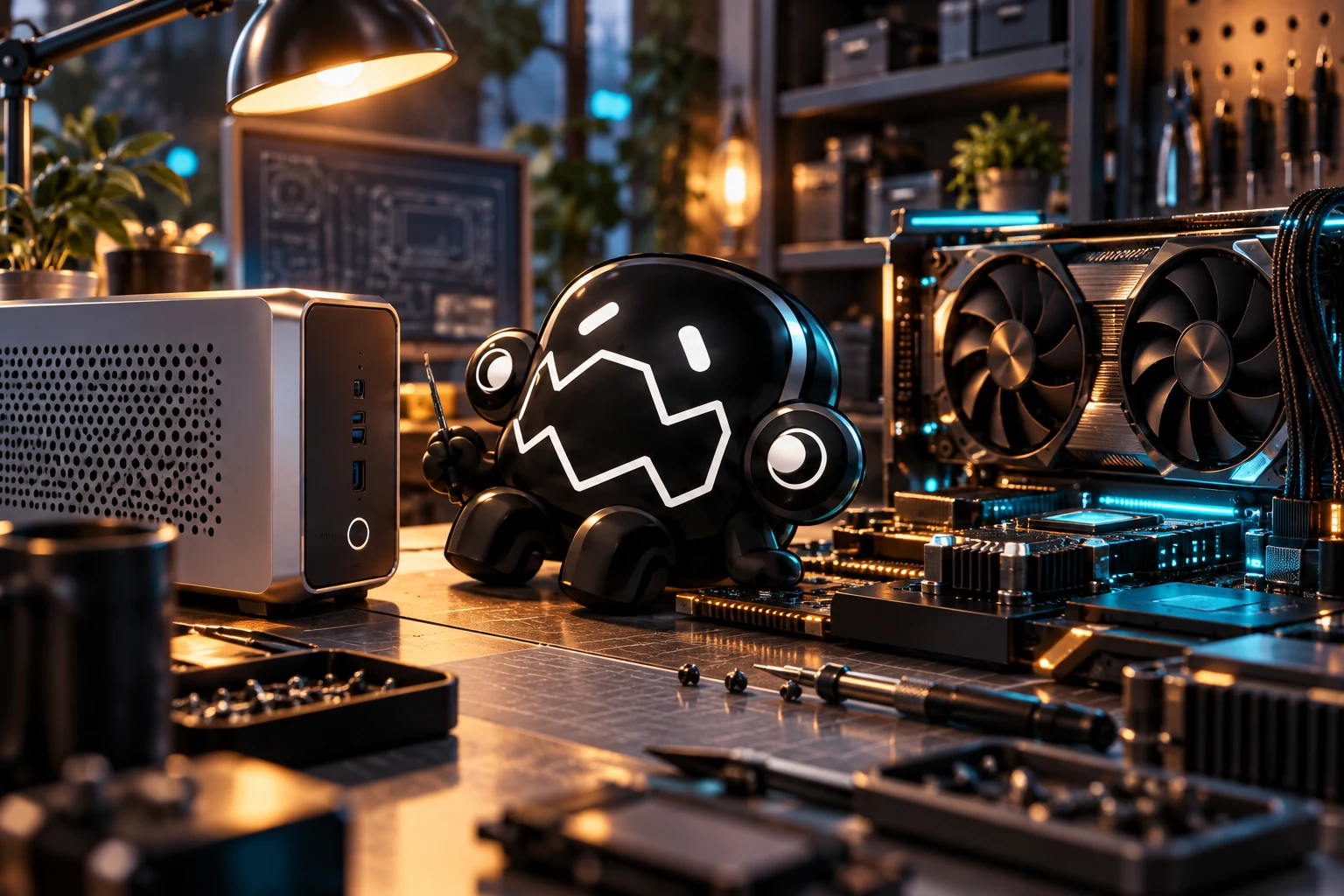 Progre mascot beside a compact local AI workstation