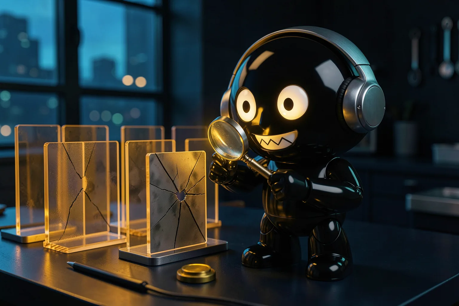 Progre the robot inspecting a row of glowing glass certificate cards in a midnight workshop, one card cracked, holding a small glowing seal