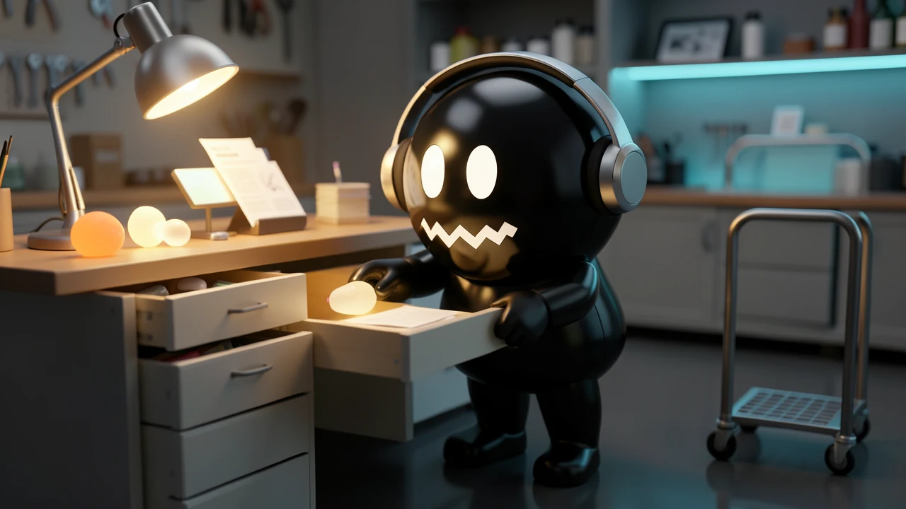 Black, headphone-wearing mascot reviewing glowing notes at a workbench.
