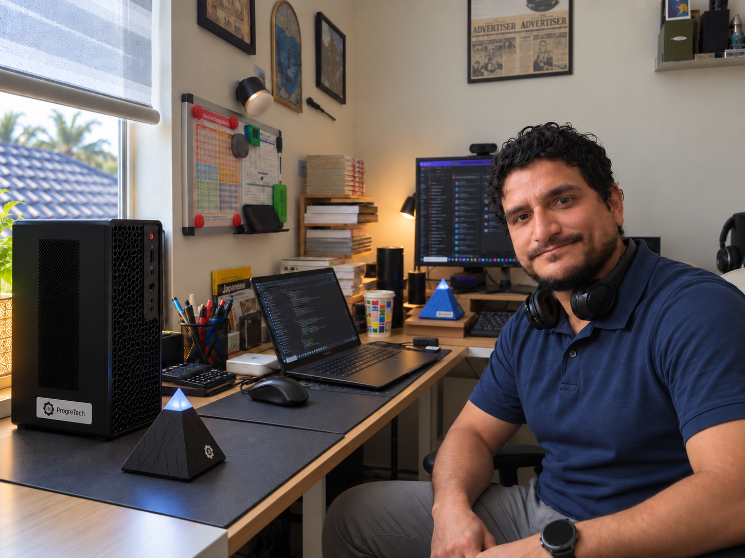 ProgreTech workshop with Edwin, local workstation, and two geometric AI assistants