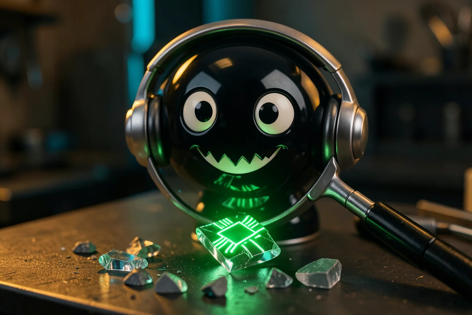 Glossy black Progre with silver headphones behind a magnifying glass, looking toward glass shards on a dark workbench, with one central shard glowing green around a chip-like pattern